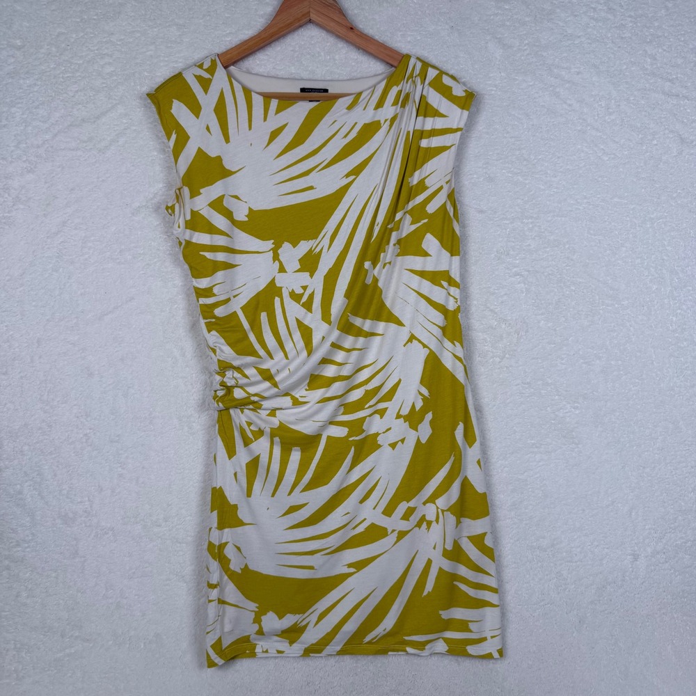 Ann Taylor Sheath Dress Womens SP Green White Abstract Palm Ruched Petite Jersey